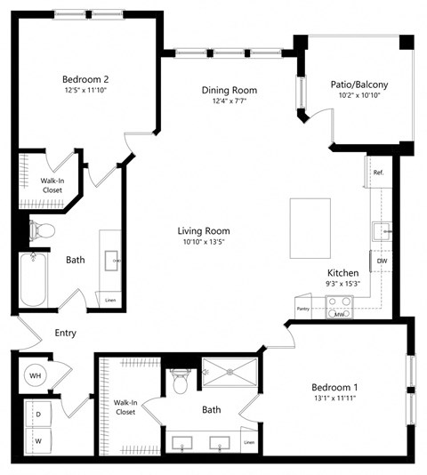 Floor plan for 2 beds, 2 baths, 1356 sqft